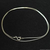 Top view of a thin silver chain necklace coiled in a circle with a spring-ring clasp on a black background.