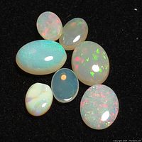 Seven polished opal gemstones laid out on a black surface showing various colors and shapes.