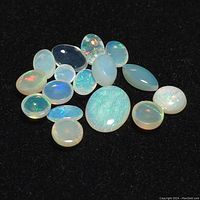 Multiple loose opal gemstones displayed on a black surface showing their opalescent and translucent qualities with various colors reflecting.