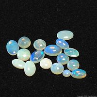 Top view photo showing 18 small to medium oval cabochon opal gemstones arranged flat on black background to highlight color play.