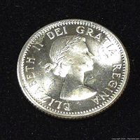 Obverse side of the 1964 Canadian 10 cents silver coin showing Queen Elizabeth II with inscriptions.