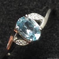 Close-up of silver ring with oval blue topaz stone on black background, highlighting gemstone and silver detailing.