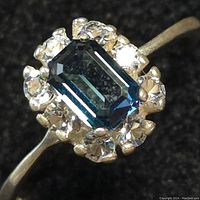 Close-up photo showing blue rectangular center stone surrounded by clear round stones in sterling silver ring.