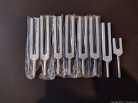 Set of 10 tuning forks arranged side by side, 8 sealed in plastic and 2 unsealed visible on right.