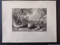 Photo of W.H. Bartlett 1842 original print showing detailed lakeside scene with canoes and people, black and white engraving on aged paper.