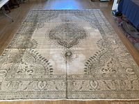 Full view of entire rug laid flat on floor showing pattern and overall condition