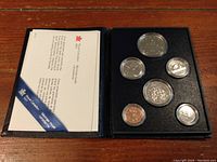 Protective blue folder holding six uncirculated Canadian coins and a certificate of authenticity from Royal Canadian Mint, displayed on wood surface.