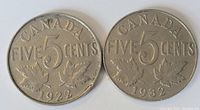 Obverse and reverse of 1922 and 1932 Canadian 5 cent coins showing denomination, date, and King George V profile.
