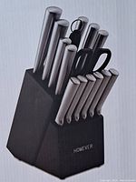 Photo showing the full knife block set with stainless steel knives and black block labeled Homever.
