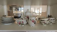 Photo showing the full set with teapot, creamer, sugar bowl, plates, and cups arranged on white shelf.