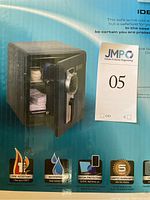 Photo of the safe box showing the safe partially open with contents inside to demonstrate space and features, also visible are safety certifications and features icons such as fire resistance, waterproof, media protection, and warranty.