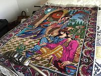 Full view showing entire tapestry with border, fringe and figural scene