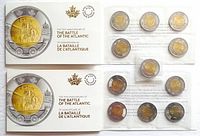 Two Battle of the Atlantic 75th Anniversary 5-coin packs showing commemorative artwork and coins inside transparent plastic holders.