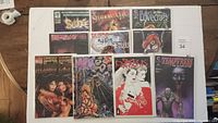 Top-down view of 10 vintage horror-themed comic books arranged neatly, showing front covers with titles such as Slice #4, Sharaz-Man, The Lovecraft Cartoon, Blood Lust, Dark Fantasies, and Vampress The Book of Eld. Comics are bagged and boarded.