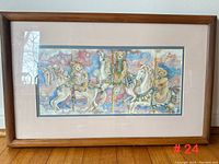 Full front view of framed carousel print showing teddy bears riding carousel horses, pine wood frame, double matted, glass front.