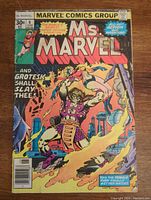 Front cover image of Ms. Marvel comic book issue 6 from June 1977, showing vibrant action artwork with title and pricing details.
