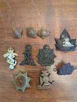 All nine badges and pins laid out on a wooden surface showing front views and relative size.