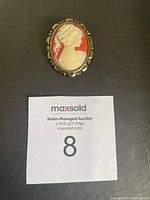 Close-up photo of cameo brooch showing profile and ornate metal frame