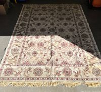 Top-down view of entire rug laid on floor showing full design, fringe, and overall condition.