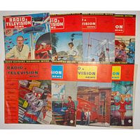 Photo showing all eight vintage magazines arranged together, featuring colorful covers related to 1950s radio and television technology and personnel.