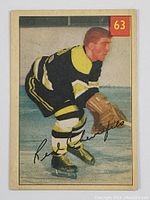 Front of vintage 1954-55 Parkhurst hockey card showing Real Chevliis in Boston Bruins uniform, card number 63
