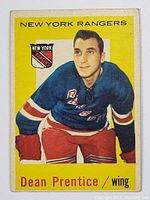 Front side of the 1959-60 Topps Dean Prentice hockey card showing player image, team logo, and player name with wing position.