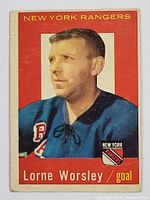 Front of 1959-60 Topps Lorne Worsley hockey card showing player portrait and team details.