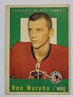 Front view of the 1959-60 Topps Ron Murphy Chicago Black Hawks hockey card showing player portrait in team jersey with green background and logo.
