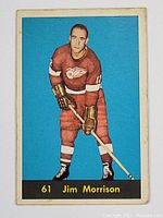 Front of Jim Morrison hockey card showing player in Detroit Red Wings uniform, blue background, with name and number.