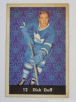 Front of the 1961-62 Parkhurst hockey card featuring Dick Duff in Toronto Maple Leafs uniform with a repetitive maple leaf logo background.