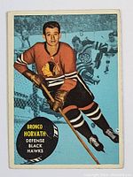 Front of 1961-62 Topps Bronco Horvath hockey card showing player in Chicago Black Hawks uniform in action and card branding.