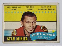 Front of 1967-68 Topps Stan Mikita hockey card showing player image, awards won, and Triple Crown Winner label.
