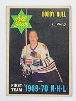 Front side of 1970-71 OPC Bobby Hull All Star hockey card showing player in Chicago Blackhawks uniform with All Star emblem.
