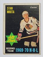 Front of vintage 1970-71 O-Pee-Chee Stan Mikita hockey card, showing Mikita in Chicago Blackhawks jersey with 'Second Team All Star 1969-70 NHL' text.