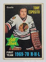 Front of 1970-71 OPC Tony Esposito All Star hockey card, good condition with vivid colors showing player in goalie pose.