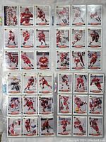 Full set of hockey cards displayed in plastic sleeves showing front of cards with Russian text and players in red and white uniforms on ice.