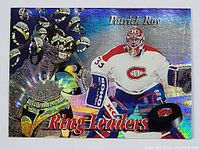 Front of the 1995 Patrick Roy special insert hockey card with holographic design, showing Roy in goalie pose, with 'Ring Leaders' text and Stanley Cup rings imagery.