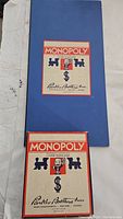Blue fold-out Monopoly game board cover with Parker Brothers branding and classic 1930s Monopoly artwork