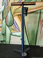 Front view of Birzman tire pump showing wooden handle, blue shaft, and black base with pressure gauge.