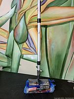 Full view of the telescopic wash brush showing extended silver handle with black clamps and blue-bristled brush head in original packaging.