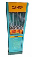 Front and side view of vintage style candy machine showing yellow CANDY sign, four clear candy tubes with red and yellow labels, and turquoise body with decorative yellow accents.