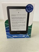Front view of Kobo Clara 2E packaging showing device display and branding.