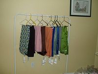 Wide shot showing all 10 ZARA pants hanging on a rack, showcasing different colors and patterns with tags attached underneath each pair.