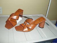 Pair of brown ZARA heeled sandals shown side by side highlighting the overall design.