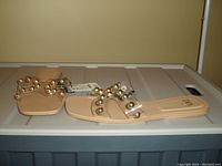 Photo of one pair of ZARA clear slides size 8, nude footbed and clear straps with gold-tone round studs, new with tag attached.