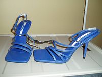 Blue ZARA women's high heel sandals with multiple thin straps and square toe, size 8, displayed on a flat surface.