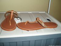 Photo of one pair brown ZARA women's slides, size 8, new with tag, showing thong style and gold chain decoration on strap.