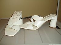 Pair of cream-colored ZARA women's shoes with square toe, block heel, and woven strap design, size 8, new with tag