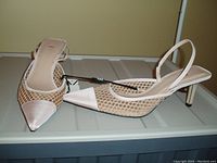 Single side angle photo of tan ZARA slingback heeled shoe with mesh textile and satin detail, showing pointed toe and slingback strap.