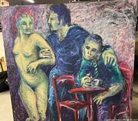 Full view of the painting showing three figures and the colorful background to illustrate condition and size.